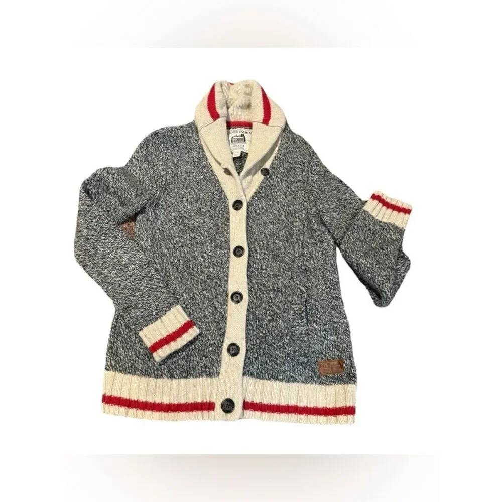 Roots Unisex Cabin Knit Shawl Collar Cardigan Sweater - Gray, Cream & Red - Picture 1 of 11